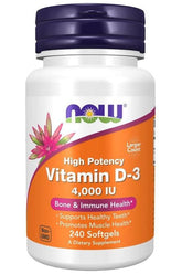 NOW Foods Vitamin D3 4000 IU Supplement, 240 softgels for bone and immune health.